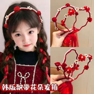 儿童2026新年发箍红色发卡头饰中国风过年蝴蝶结编发飘带头箍女童