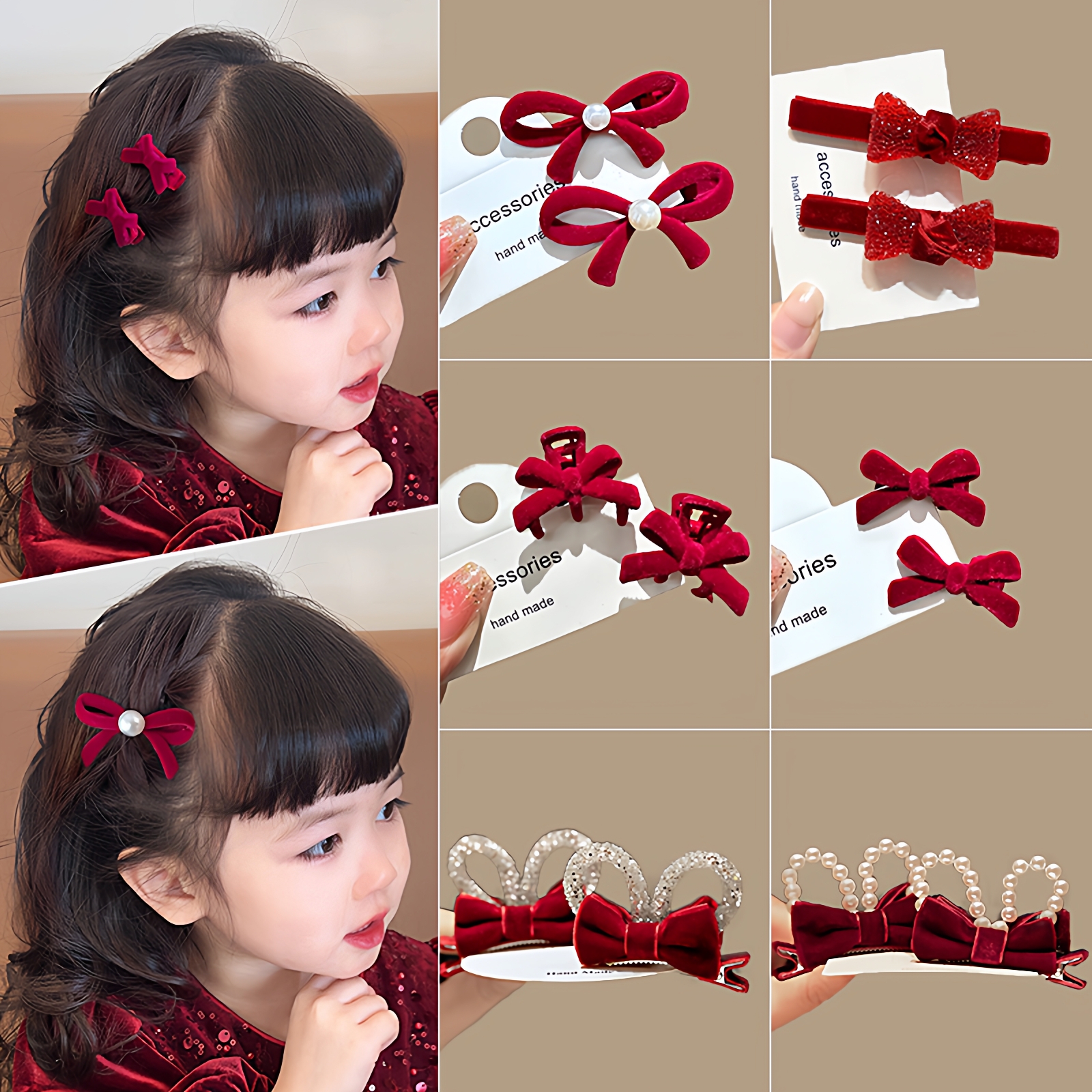 儿童发夹复古红色蝴蝶结小女孩秋冬植绒发卡公主头饰女童侧边夹子