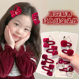 女童新年头饰酒红色蝴蝶结发夹宝宝可爱碎发刘海夹高颜值儿童发饰