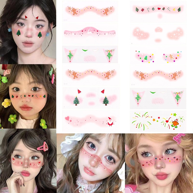 圣诞节妆容脸贴可爱麋鹿雪花纹身贴平安夜少女心面部腮红装饰贴闺蜜聚会氛围感圣诞树防水贴纸演唱会上镜纹身