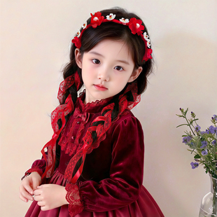 新年头花女儿童发箍生日公主头饰编发飘带红色高级发卡新中式女童