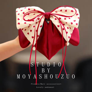 儿童发夹红色高级发饰女童新年头饰蝴蝶结抓夹小女孩过年马尾发卡