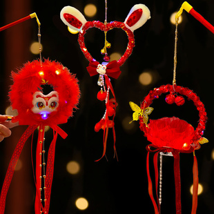 2026新款新年儿童手提花灯马年毛绒醒狮兔耳过年灯笼拍照装饰品