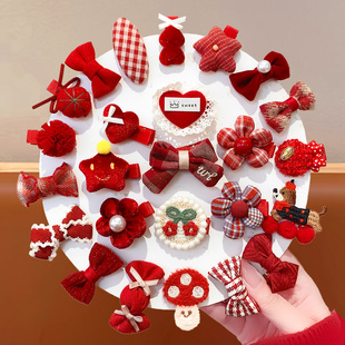 新年婴儿发夹婴幼儿包布汗毛夹红色可爱宝宝胎毛发卡儿童不伤发饰