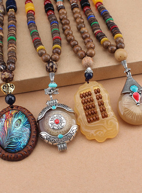 复古民族风长款毛衣链女百搭木质佛珠项链简约高档衣服配饰挂件男