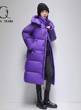 羽绒服女韩版宽松2025年冬季超长款过膝连帽90白鸭绒外套潮-1020
