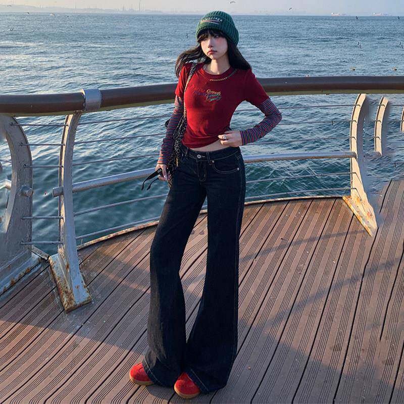 古深色微喇牛仔宽女2025覆夏季薄款PZS低腰松垂感不裤贴腿拖地直