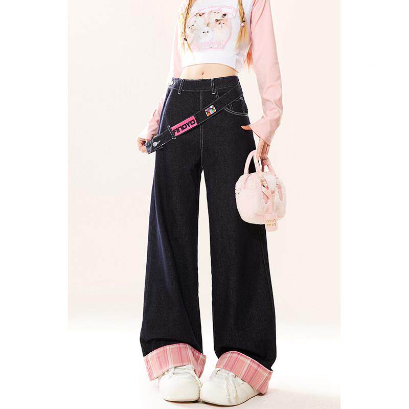自然ZG24614-涩美式侧5拉炼 炼 阔腿牛仔裤女夏202季薄小个子高腰