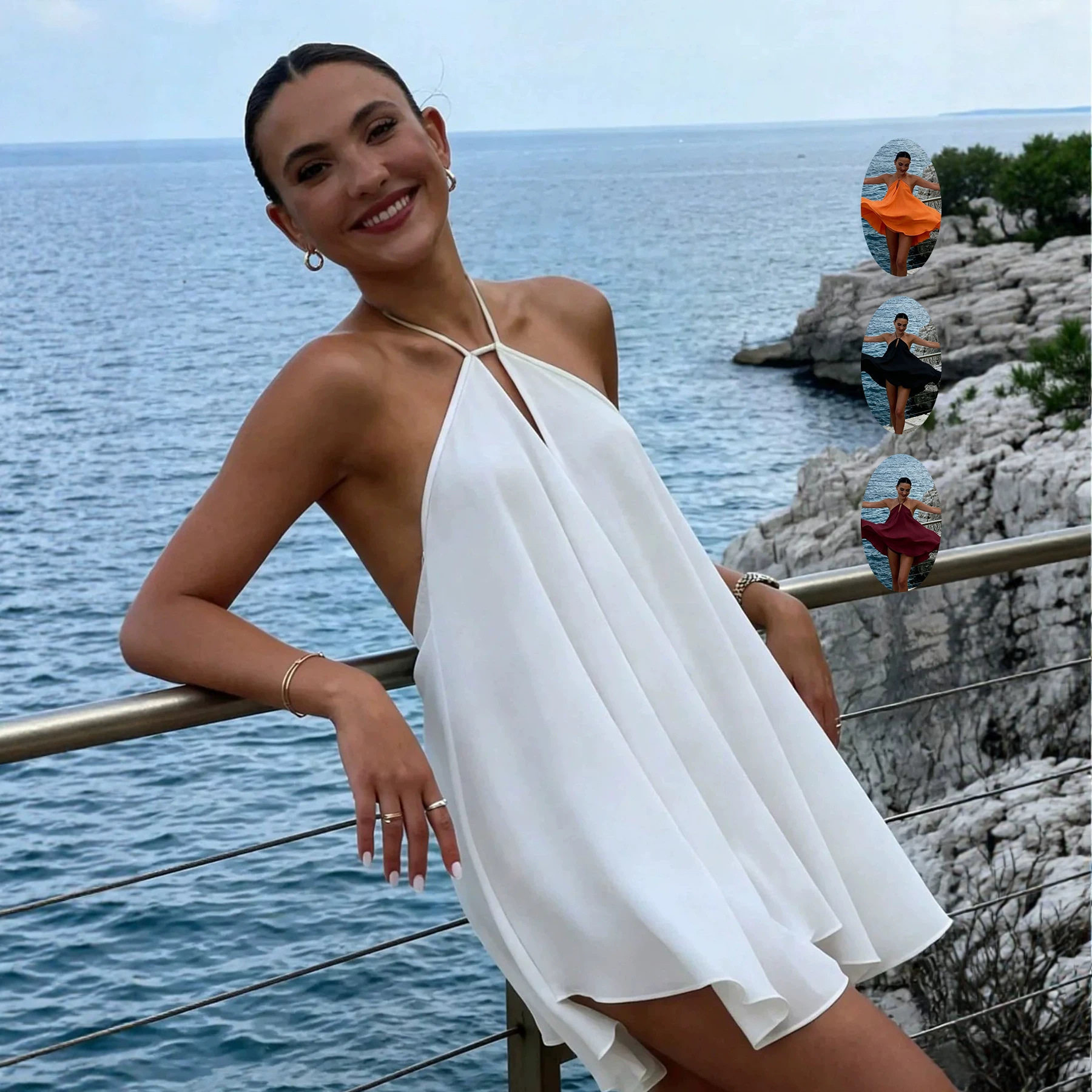 欧美跨境女装纯色宽松连衣裙深V性感露背挂脖海边度假裙现货