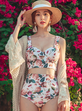 2024韩国新款泳衣女网红碎花小清新钢托聚拢显瘦比基尼两件套泳装