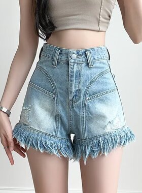 美式复古磨白毛边牛仔短裤女2026夏季新款设计感双破洞3分A字裤潮