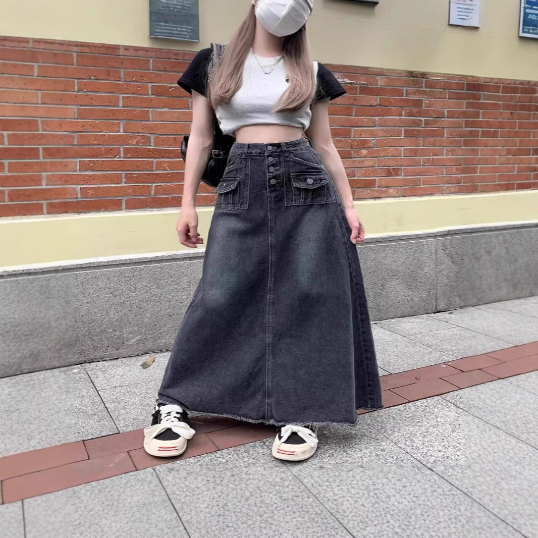 流苏毛边牛仔半身裙女2025春秋款设计感小众高腰显瘦长款a字裙潮