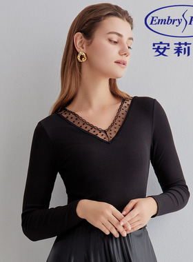 安莉芳秋冬蕾丝V领长袖保暖衣上装女士修身打底棉毛衫ED00259