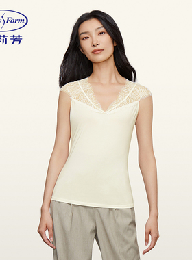 安莉芳EL00593配套v领无袖蕾丝拼接打底上衣女士薄款秋衣ED00315