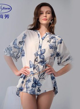 25款安莉芳春夏桑蚕丝棉七分袖印花v领睡衣女士家居上衣EL00913