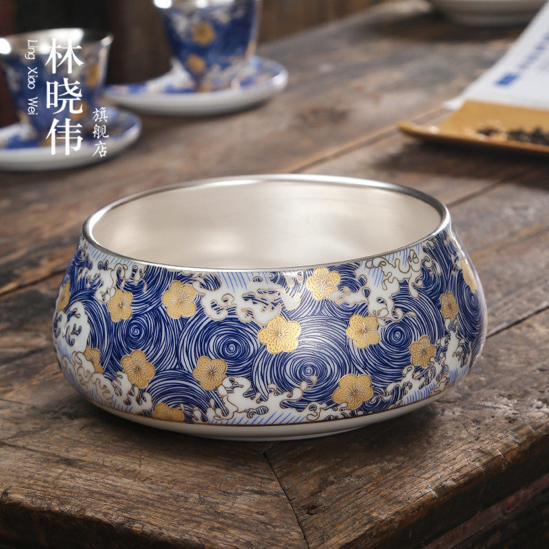 景德镇999纯银茶洗日式大号陶瓷水盂茶杯洗笔洗功夫茶具配件家用