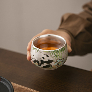 熊猫鎏银主人杯中式复古大号茶杯陶瓷单杯个人专用高档精美喝茶杯