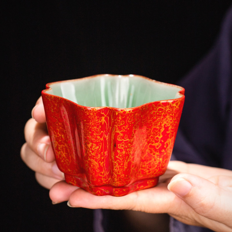 大漆冰花茶杯手工传统福州漆器茶具单杯冰裂青瓷陶瓷主人杯品茗杯