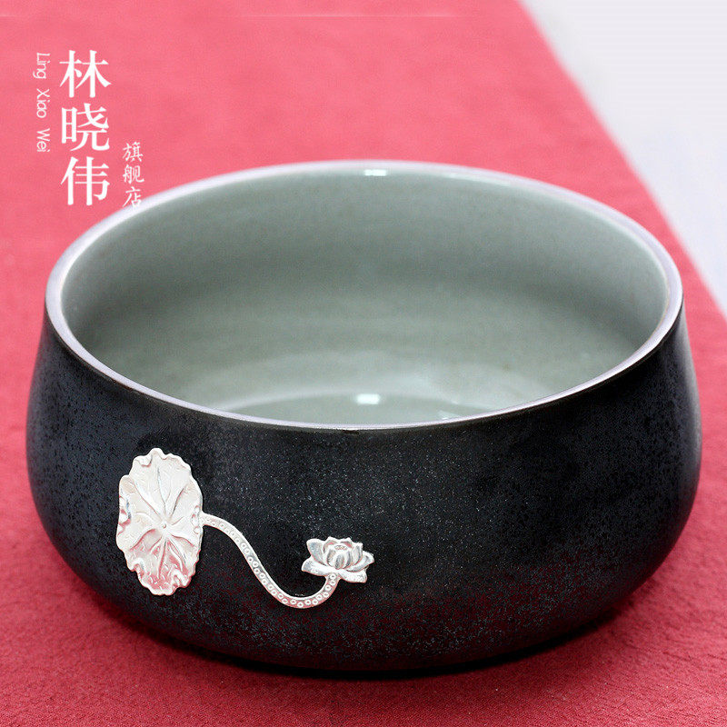 黑陶镶银大号茶洗特大陶瓷水盂家用功夫茶具配件茶碗笔洗茶道零配