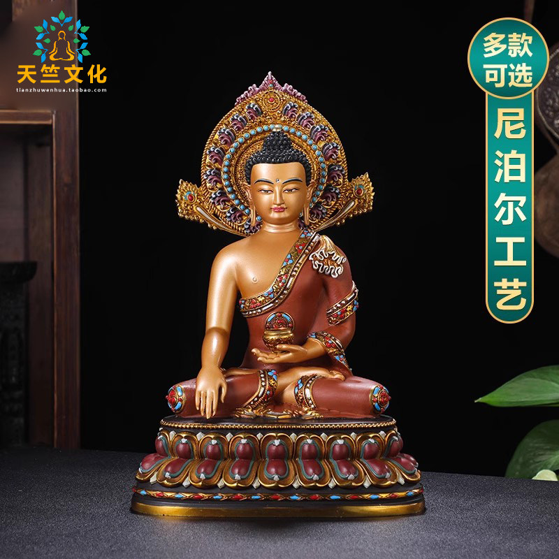 精品释迦牟尼佛像仿尼泊尔工艺彩绘背光藏传密宗释迦铜像9寸12寸
