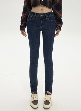 HDDD低腰辣妹修身复古百搭小脚裤弹力显瘦美式九分裤牛仔裤蓝色