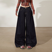 复古深蓝色牛仔裤 HDDD深蓝高腰宽松阔腿裤 垂感拖地百搭直筒美式