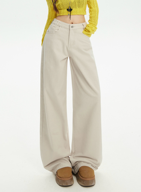 HDDD高腰宽松阔腿裤百搭美式复古新款直筒牛仔裤浅米沙色