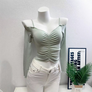 法式一字肩长袖女秋装黑色甜辣妹露肩修身短款鱼骨吊带小上衣