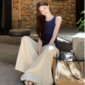 纯欲无袖 夏季 不规则修身 T恤女 两件套 法式 垂感高腰阔腿裤 休闲套装