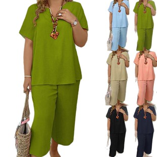 大码女装亚马逊春夏秋季优雅时尚纯色V领短袖上衣和宽腿裤2件套装