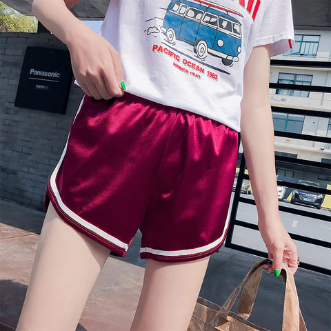 夏绸缎光面高腰修身白边运动短裤欧美风跨境紧身健美热裤女潮