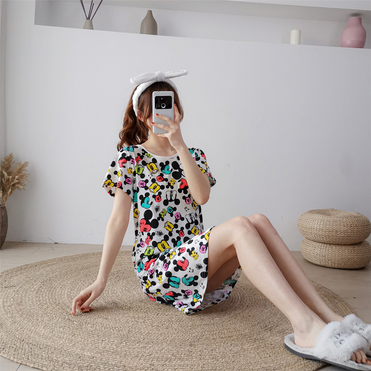 女士夏季纯棉短袖睡衣宽松韩版家居服卡通夏天薄款睡裙