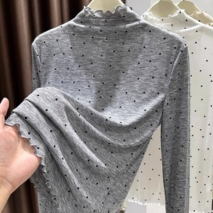 高级感波点针织长袖打底衫女秋季半高领木耳边内搭小衫白色上衣