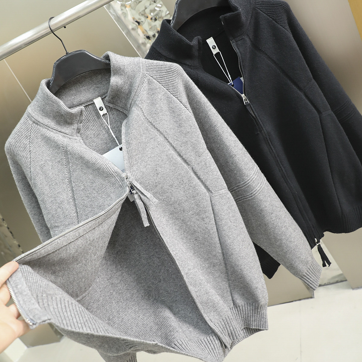 意式老钱风！慵懒气质！秋季新款男士廓形双拉链立领针织开衫外套,男装,针织衫/毛衣,淘宝优惠券,粉丝福利购,淘宝优惠卷