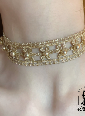 双边金线 镂空花朵钉珠choker项圈 颈链项链锁骨链配饰2025新风潮