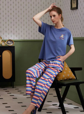 亲亲吾衣413644情侣423643男女春夏多巴胺条纹短袖长裤睡衣家居服