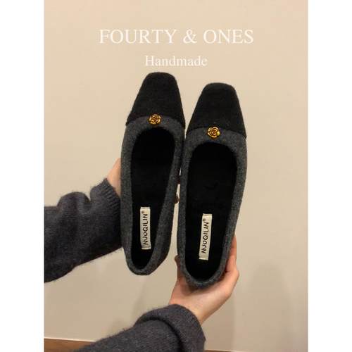 羊毛版~绒面方头玛丽珍鞋女内增高浅口毛呢单鞋气质金属花晚晚鞋