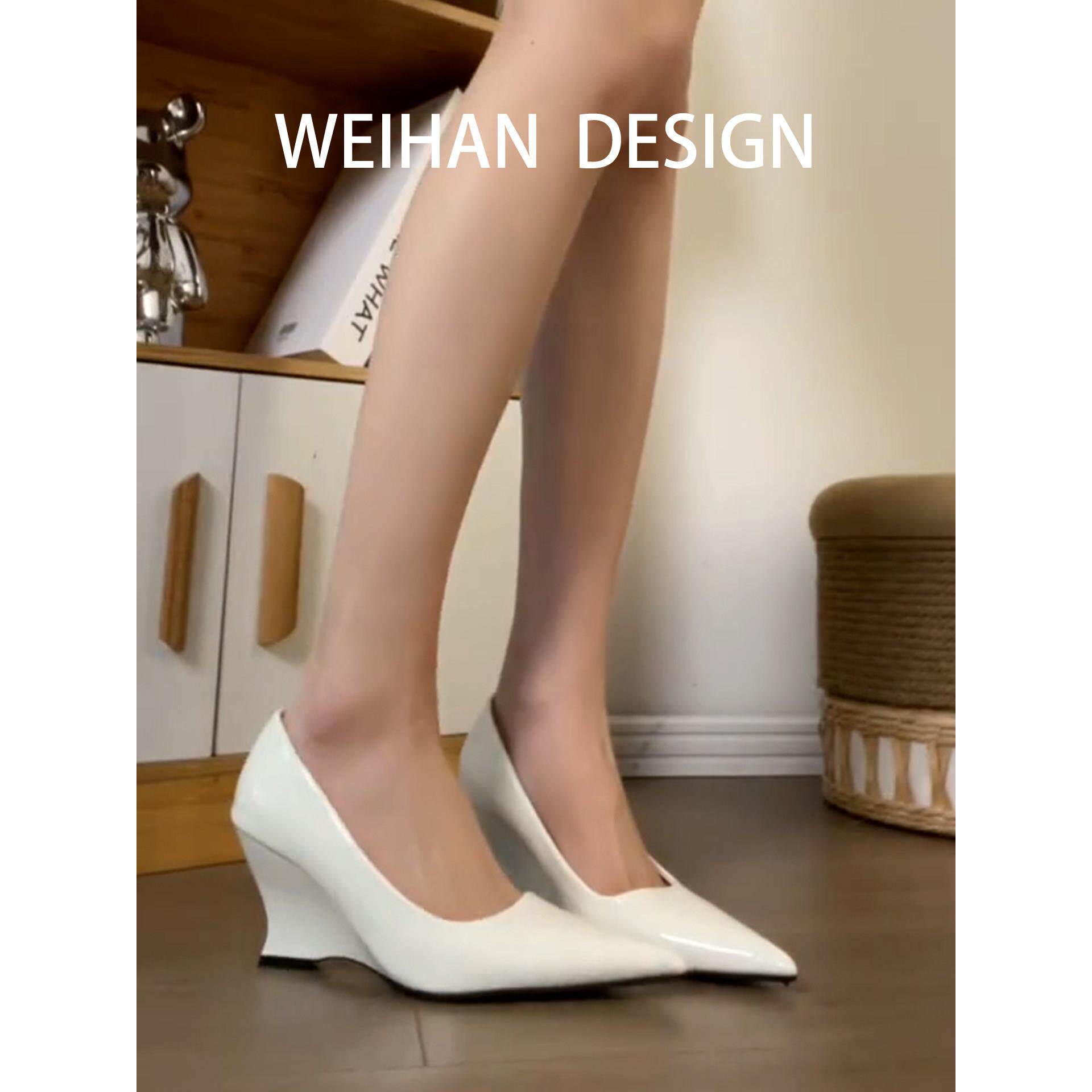 羊皮版！法式高级感坡跟单鞋女一脚蹬尖头名媛风白色不累脚高跟鞋