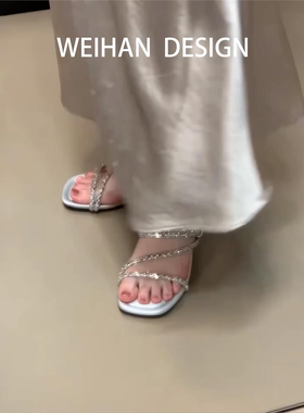 羊皮版！水钻一字带平底凉拖鞋女夏外穿方头露趾低跟沙滩配裙凉鞋