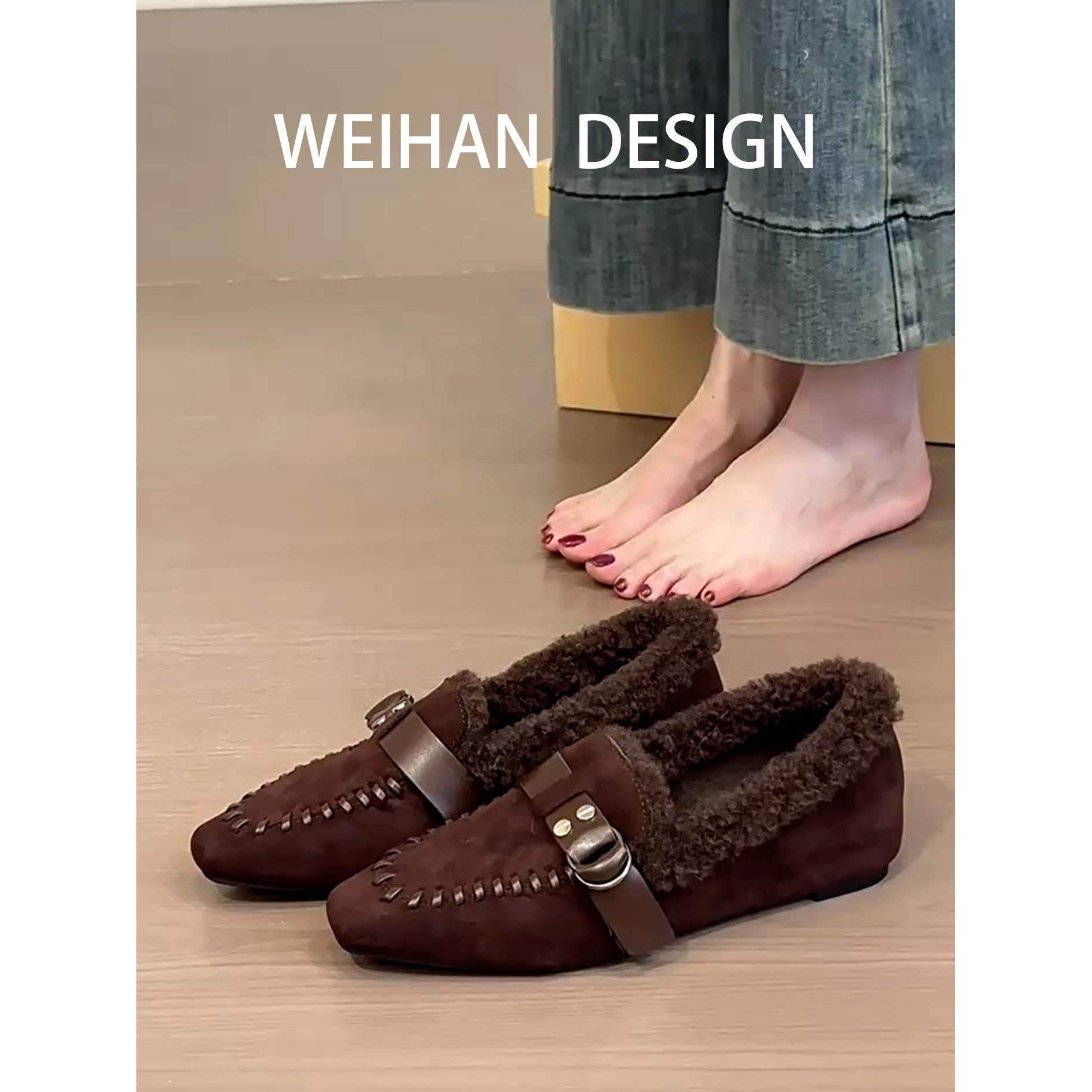 羊皮版！内增高方头玛丽珍鞋女复古一脚蹬加绒保暖毛毛鞋棉单鞋