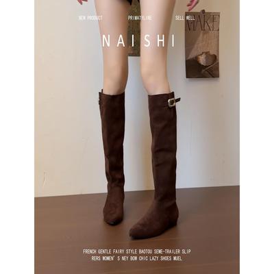 羊皮版！复古西部牛仔靴女内增高堆堆长筒靴百搭绒面美拉德骑士靴