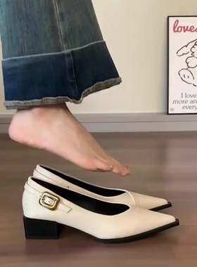 小羊皮版！适合脚胖宽的单鞋女夏季通勤不累脚白色浅口粗跟尖头鞋