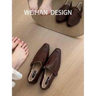 羊皮版！晚晚风尖头加绒单鞋女粗跟通勤奶奶鞋气质英伦风小皮鞋