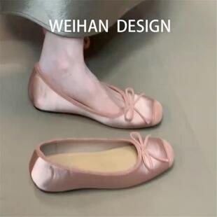 羊皮版！法式浅口蝴蝶结单鞋女春秋季软底一脚蹬平底奶奶鞋芭蕾鞋