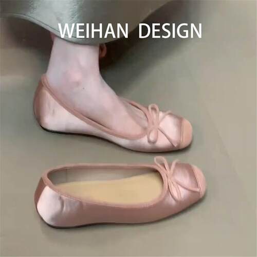 羊皮版！法式浅口蝴蝶结单鞋女春秋季软底一脚蹬平底奶奶鞋芭蕾鞋