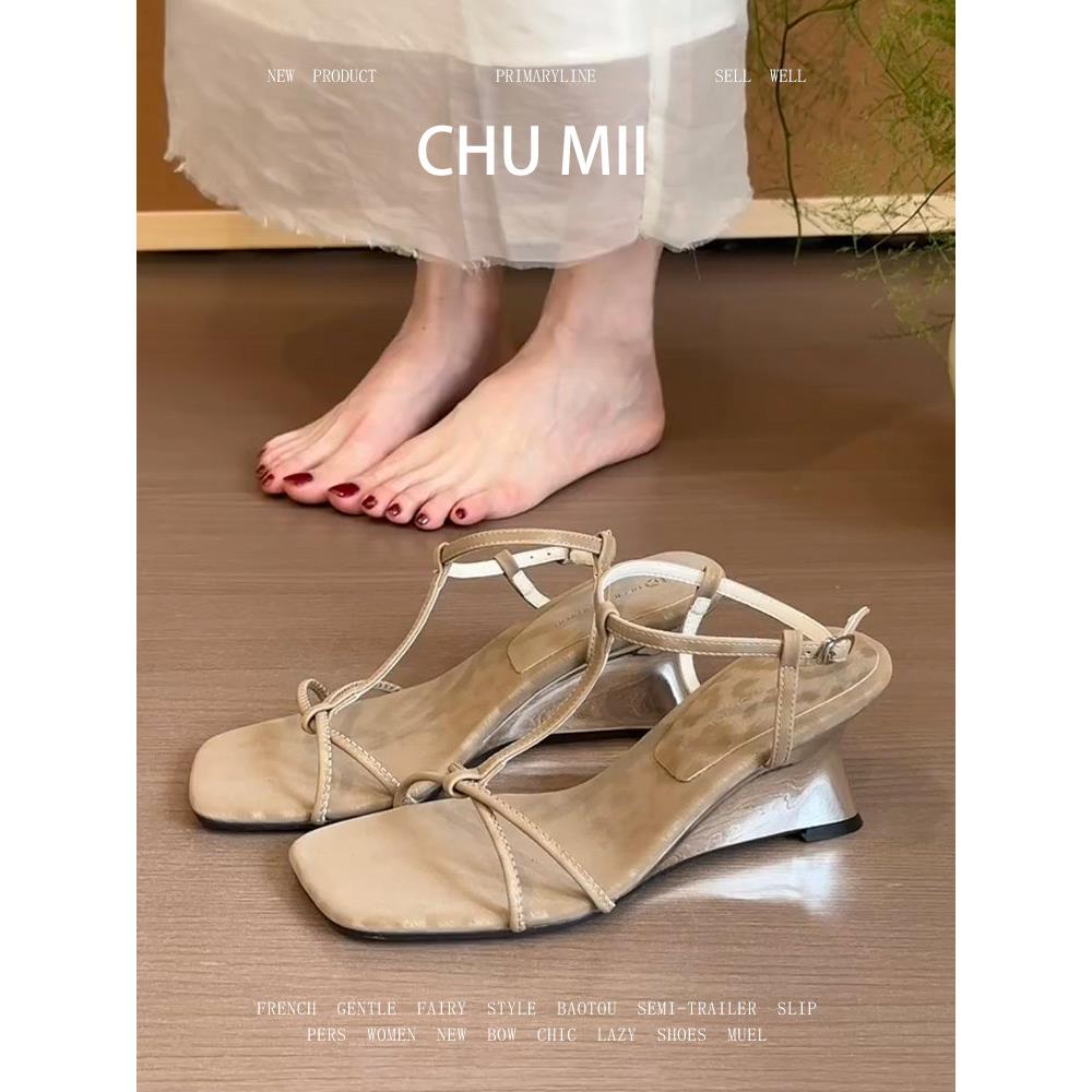 羊皮版~法式复古罗马凉鞋女方头坡跟凉拖鞋欧美交叉细带高跟鞋