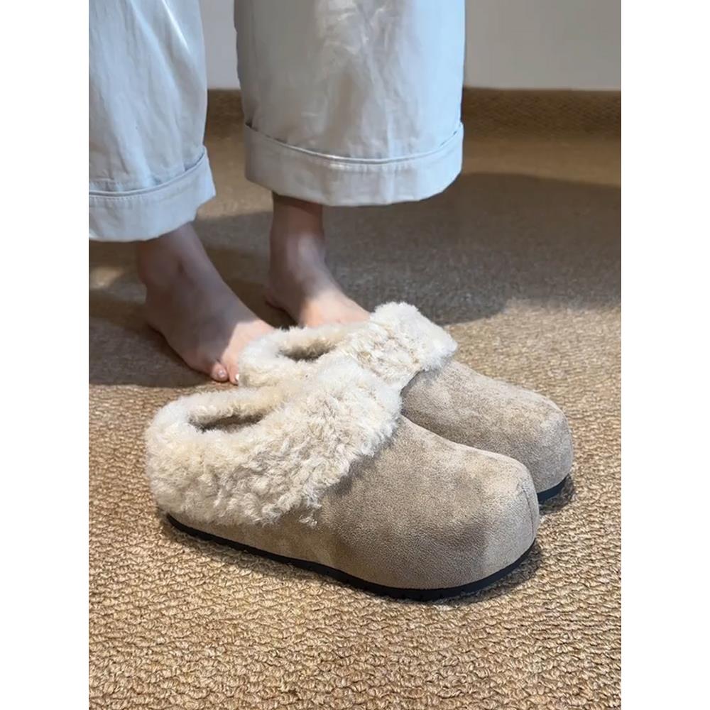 羊皮版！超火勃肯鞋女外穿一脚蹬加绒保暖毛毛鞋百搭厚底包头棉鞋