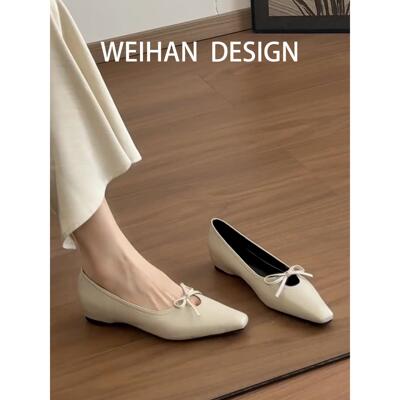 羊皮版！内增高蝴蝶结浅口单鞋春秋小方头韩版百搭温柔气质晚晚鞋