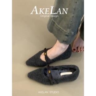 羊皮版~法式尖头玛丽珍单鞋女秋内增高蝴蝶结加绒毛毛鞋保暖棉鞋