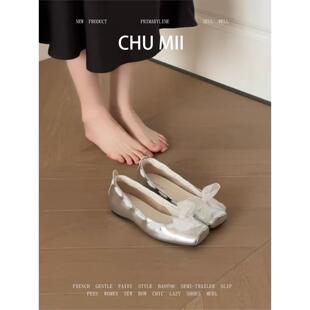 羊皮版~法式银色平底单鞋女方头内增高玛丽珍鞋芭蕾舞风软底瓢鞋